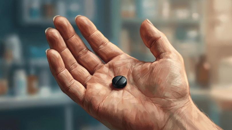 Open hand holding a single black tablet pill