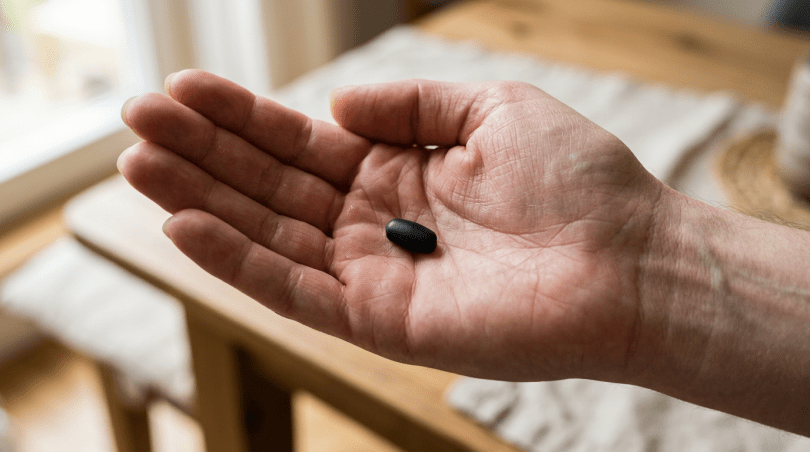 Open hand holding one small black pill