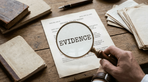 Magnifying glass focusing on the word 'EVIDENCE' on a police report