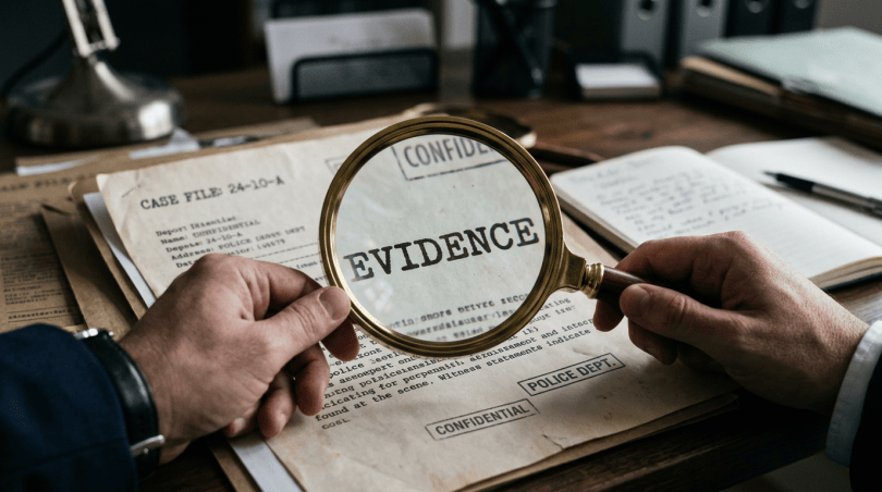 Magnifying glass highlighting the word evidence on a confidential police case file